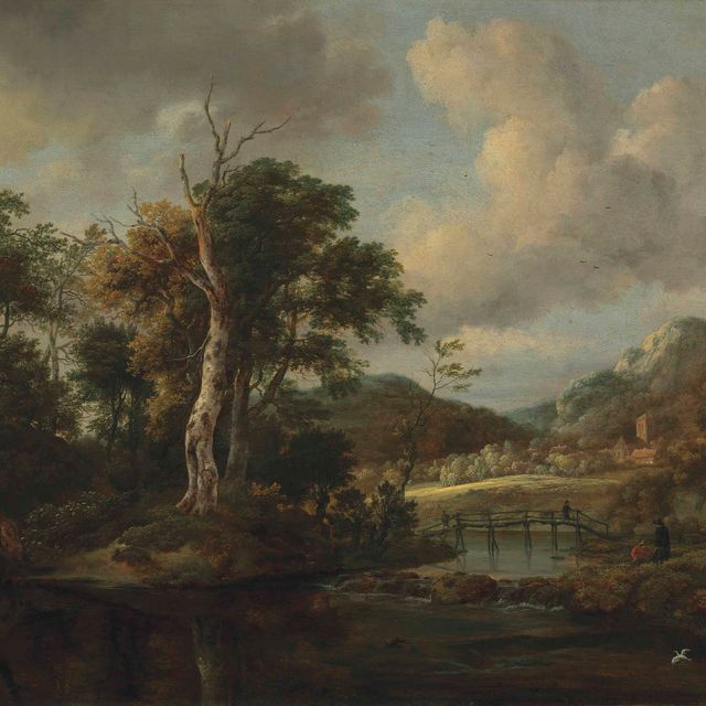 Jacob Van Ruisdael — Лесистый речной пейзаж с фигурами, пересекающими мост