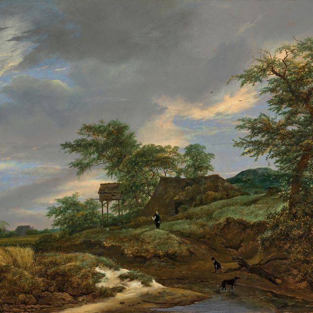 Jacob Van Ruisdael — Лесистый пейзаж с мужчиной и двумя собаками на тропинке, коттедж за ним.