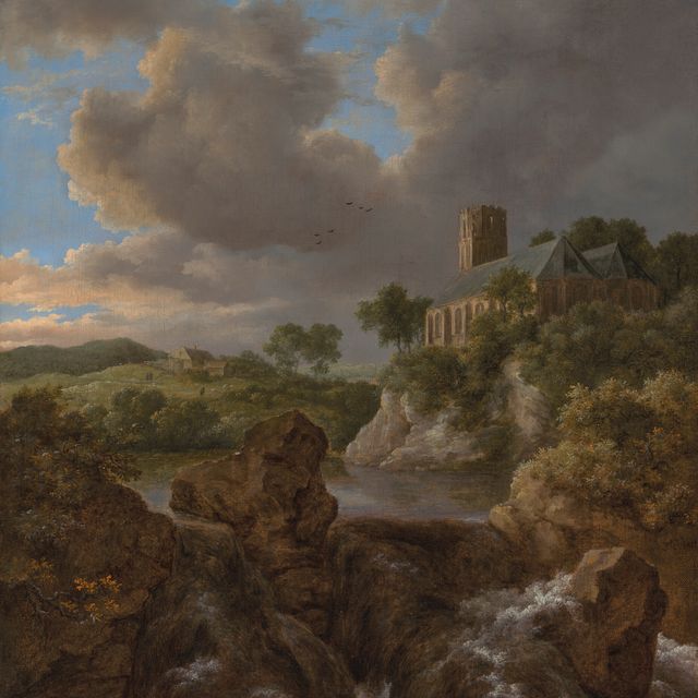 Jacob Van Ruisdael — Лесистый речной пейзаж с водопадом, церковью и фермой за ним