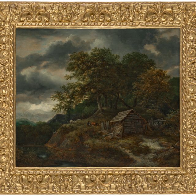 Jacob Van Ruisdael — Лесистый речной пейзаж с пастухами, лежащими рядом с деревянной хижиной