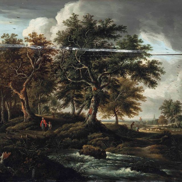 Jacob Van Ruisdael — Лесистый речной пейзаж с фигурами, переходящими мост на переднем плане, пастух со своим стадом и деревней с церковью и ветряной мельницей за ней.