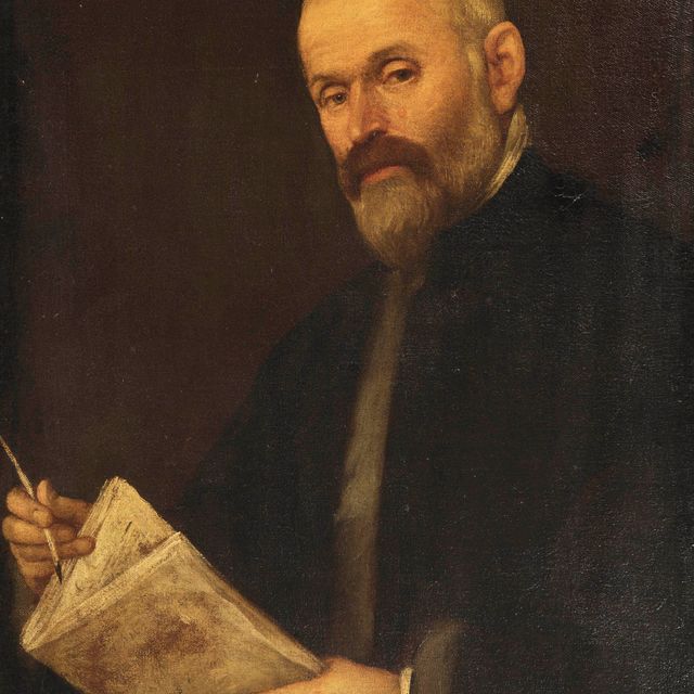 Jacopo Tintoretto — Портрет джентльмена в полный рост, в темном пальто на меховой подкладке, с книгой и ручкой в руках
