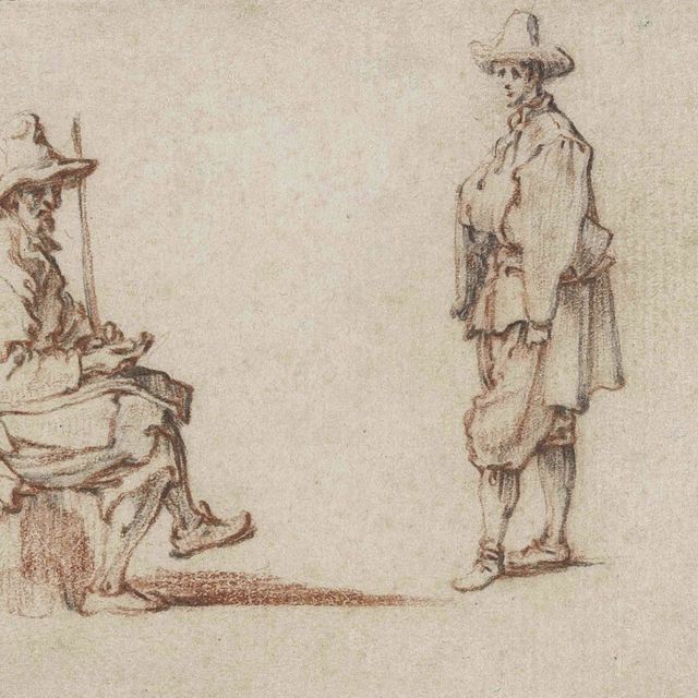 Jacques Callot — Этюды двух мужчин в современных костюмах, один из которых сидит с посохом, другой стоит, повернувшись налево