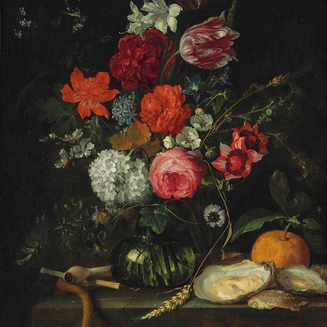 Jan Davidsz. de Heem — Тюльпан, розы, яблоневый цвет, васильки и другие цветы в стеклянной вазе на каменном выступе, с трубкой, конусом, устрицами и апельсином, с бабочкой