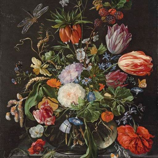 Jan Davidsz. de Heem — Тюльпаны, розы, гвоздики, ипомея, африканские ноготки, гиацинт, нарцисс, императорская корона и другие цветы с веточкой ивовых сережек, пшеничными листьями, петрушкой, остролистом и веточкой ежевики в стеклянной вазе на каменном выступе с ящерицей, кузнечиком, гусеницами, улитка и бабочки