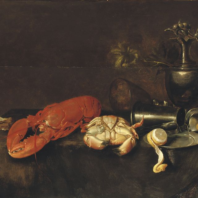 Jan Davidsz. de Heem — Омар, краб, устрица, оловянный кувшин, частично очищенный лимон, яблоко и виноград на накрытом столике