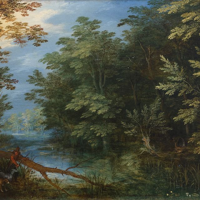 Jan I Brueghel — Лесистый речной пейзаж с охотниками