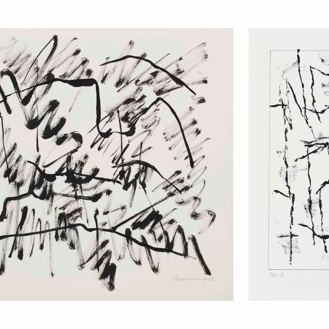 Jan Schoonhoven — (i) Т83-30 с подписью и датой "Шунховен - 1983" (внизу справа); с подписью, названием и датой "Ян Дж. Шунховен - 1983" (на обороте), чернилами на бумаге размером 50 х 60 см. Выполнено в 1983 году (ii) Т90-7, подписано и датировано "Шунховен, 1990" (внизу справа); озаглавлено "Т90-7" (внизу слева); подписано, озаглавлено и датировано "Ян Дж. Шунховен, 1990 "Т90-7"" (на обороте) чернилами на бумаге размером 50 x 32 см. Казнен в 1990 году
