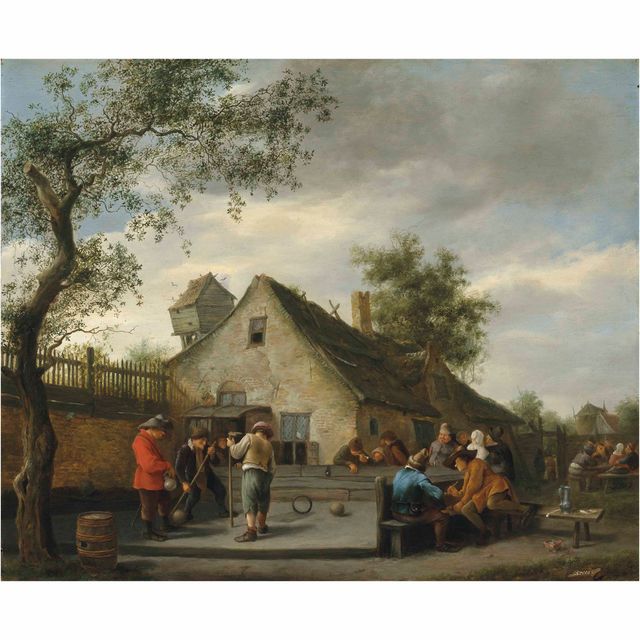 Jan Steen — Грубияны играют в бегелен перед деревенской гостиницей, зеваки курят за ее пределами.