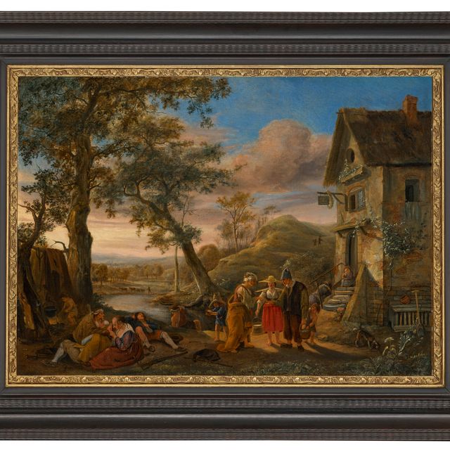 Jan Steen — Гадалка и крестьяне перед гостиницей, за которой виден речной пейзаж