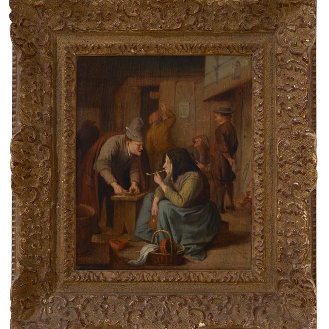 Jan Steen — Интерьер таверны с женщиной, курящей трубку, и мужчиной, режущим табак
