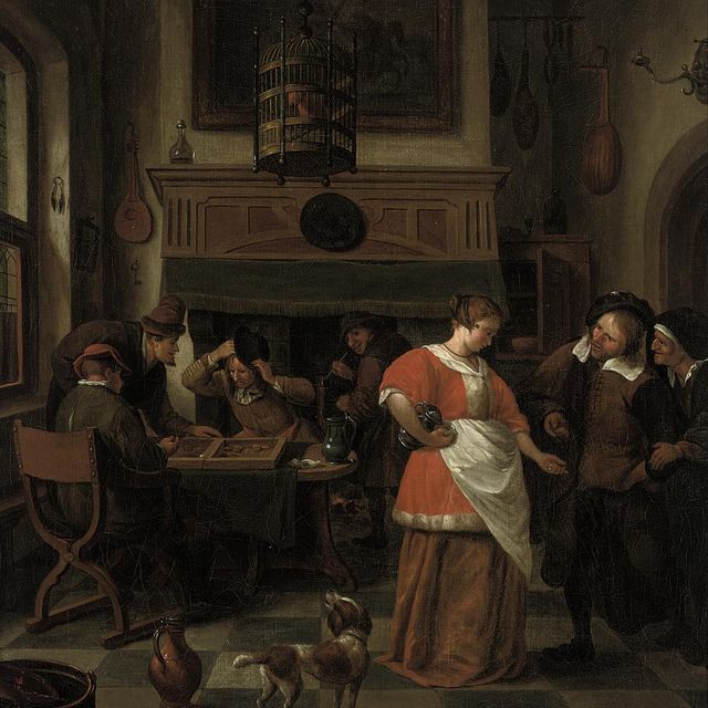 Jan Steen — Интерьер таверны с фигурками играющих в игру и собакой