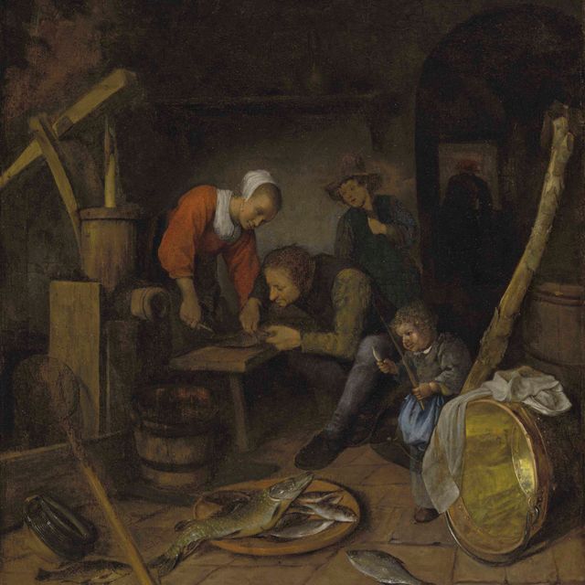 Jan Steen — Интерьер с фигурами, готовящими рыбу