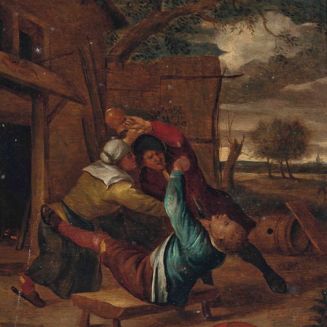 Jan Steen — Крестьяне, дерущиеся у входа в гостиницу