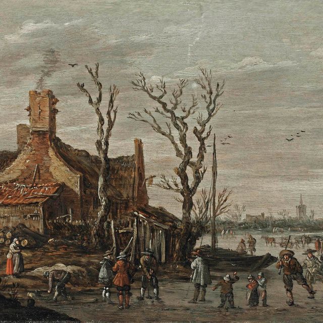 Jan van Goyen — Зимний пейзаж с фигуристами, элегантными фигуристками и игроками в гольф на льду в деревне