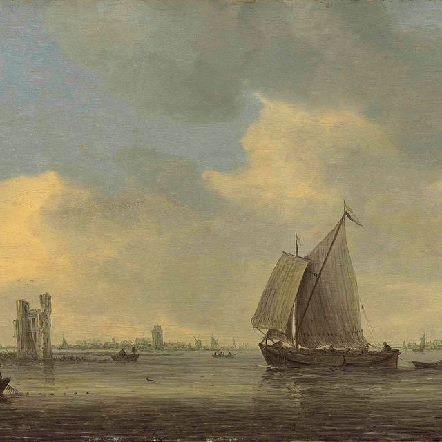 Jan van Goyen — Мерведе с парусной лодкой и рыбаками, забрасывающими сети возле Хуис-те-Мерведе, Дордрехт, с Гроте-Керком и ветряными мельницами за ним