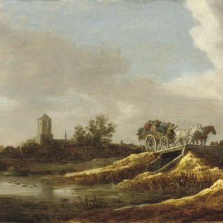 Jan van Goyen — Речной пейзаж с фигурами в запряженной лошадьми повозке, проезжающими по мосту, деревня с церковью за ней.