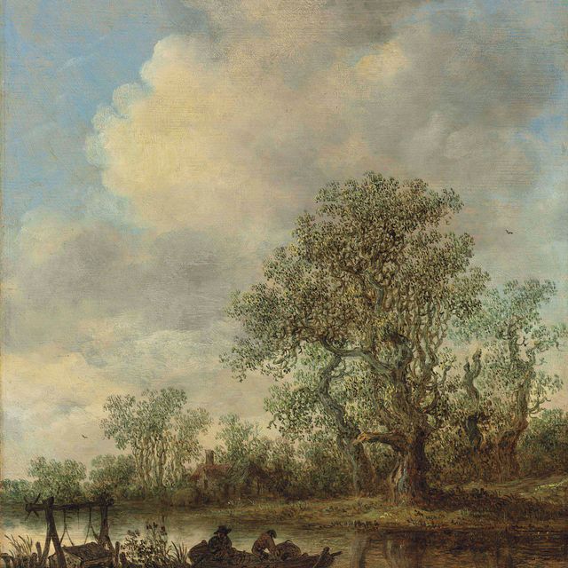 Jan van Goyen — Речной пейзаж с рыбаками в весельной лодке, коттедж за