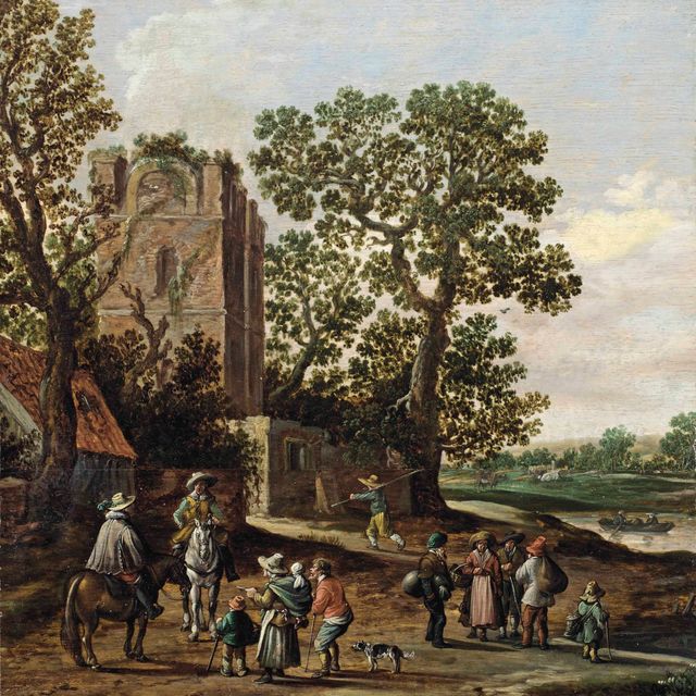 Jan van Goyen — Речной пейзаж с семьей нищего и всадниками возле руин