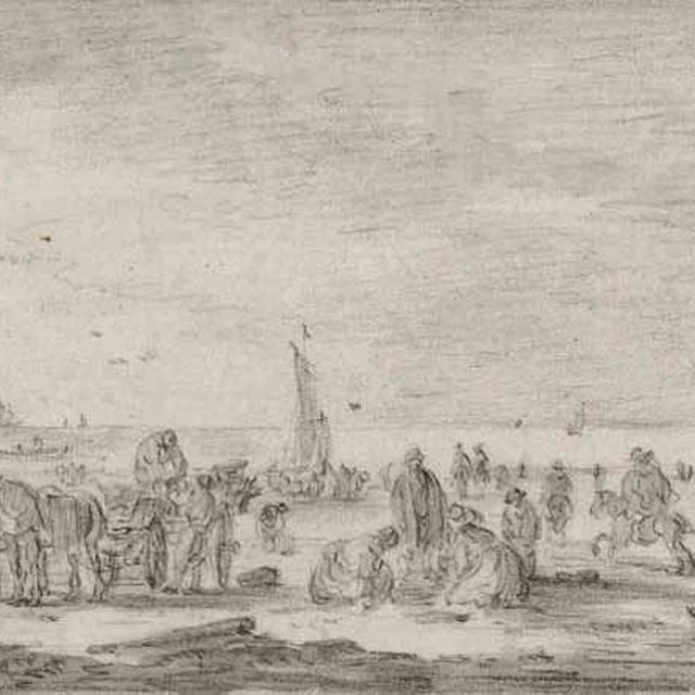 Jan van Goyen — Пляжная сцена с крестьянами на берегу и лодками на заднем плане