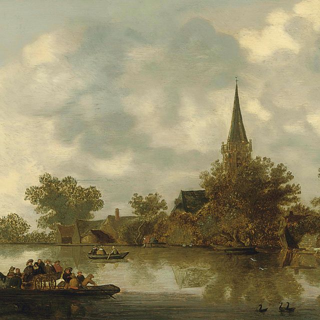Jan van Goyen — Речной пейзаж с церковью, паромом и фигурами в весельных лодках
