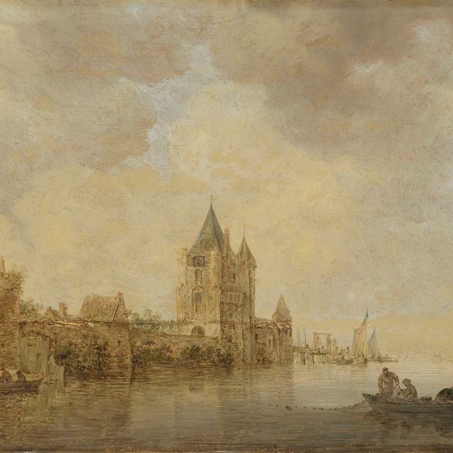 Jan van Goyen — Речной пейзаж с рыбаками в лодке перед деревенской пристанью
