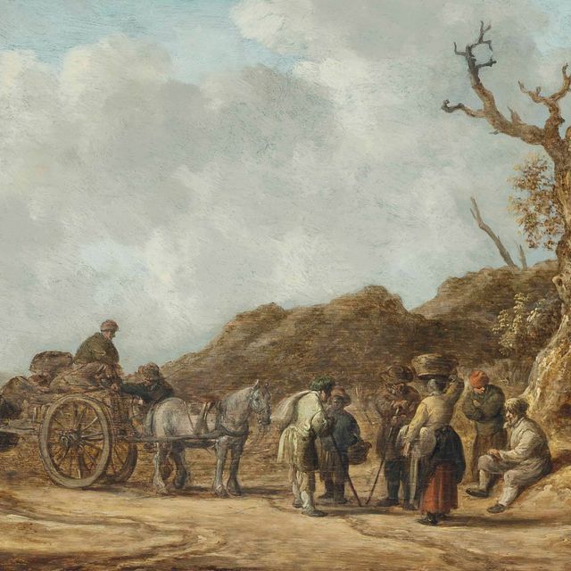 Jan van Goyen — Дюнный пейзаж с фигурами на запряженной лошадьми повозке и другими людьми, беседующими на тропинке