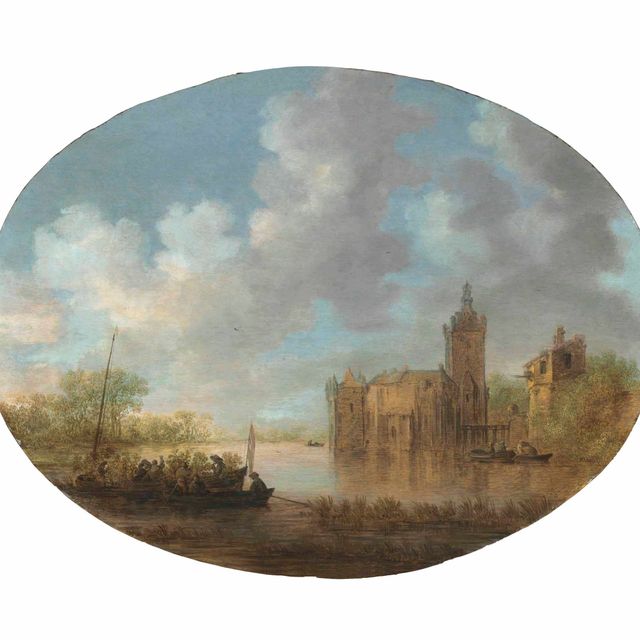 Jan van Goyen — Речной пейзаж с солдатами и крестьянами на пароме, замок за ним.
