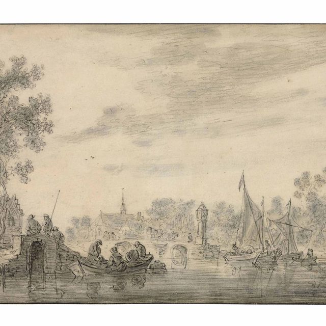 Jan van Goyen — Речной пейзаж с фигурами на лодках, мост и церковь вдалеке.