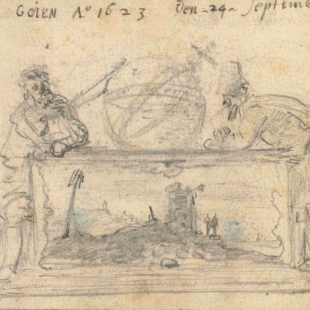 Jan van Goyen — Дизайн титульного листа: Гераклит и Демокрит, склонившиеся над столом с глобусом в окружении совы и обезьяны.