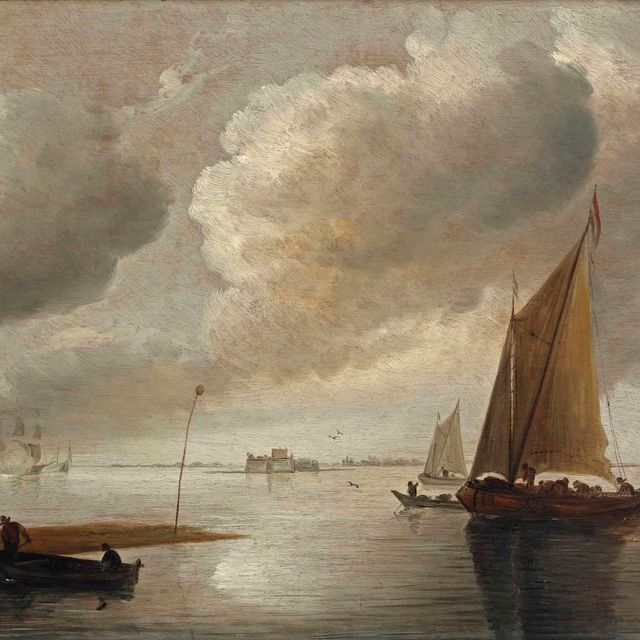 Jan van Goyen — Корабли на спокойной воде, за ними форт Раммекенс, вдалеке военный корабль отдает салют.
