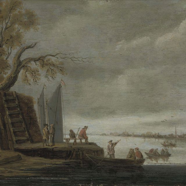 Jan van Goyen — Лесистый речной пейзаж с фигурами на причале и лодками, пересекающими реку, город за ним.