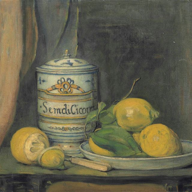 JAR — Натюрморт из лимонов и керамической банки; и два полосатых инжира на оберточной бумаге от Дианы Баер