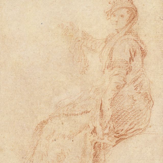 Jean Antoine Watteau — Молодая женщина в костюме полоне, сидящая и повернутая налево