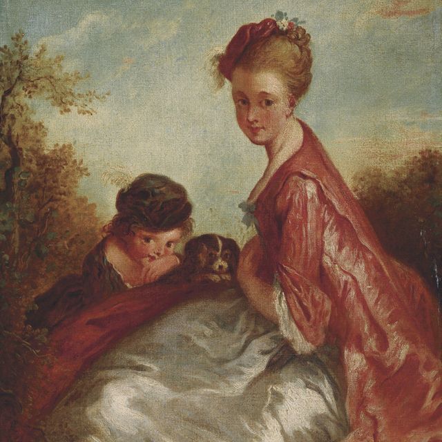 Jean Antoine Watteau — Мать и ребенок с собакой на фоне пейзажа