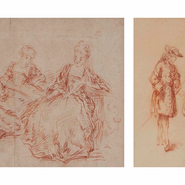 Jean Antoine Watteau — Три элегантные дамы сидели, а два джентльмена стояли