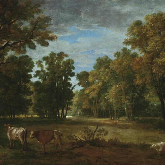 Jean Baptiste Oudry — Лесистый пейзаж с крупным рогатым скотом и овцами, статуя на поляне за ним.