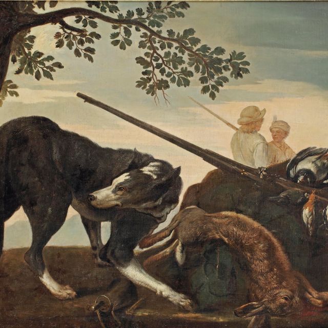 Jean Baptiste Oudry — Лесистый пейзаж с кроликом, дятлом, другими птицами и ружьем, охраняемым собакой, два охотника за