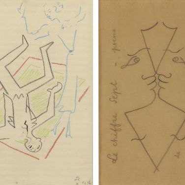 Jean Cocteau — Книга "Сентябрь поэзии", написанная углем на бумаге, с подписью "Жан Кокто у Сегера". Книга "Сентябрь поэзии" (вертикальные края) размером 5½ x 8½ дюйма (14 x 21,5 см). Нарисовано в 1951 году. "Машина времени", цветной карандаш, графит, бумага, инициалы и дата "JC x 1956" (справа внизу); подпись "M. Эрни" (вверху слева) размером 5½ х 8½ дюйма (14,5 х 21,5 см) Нарисован в 1956 году. (2)