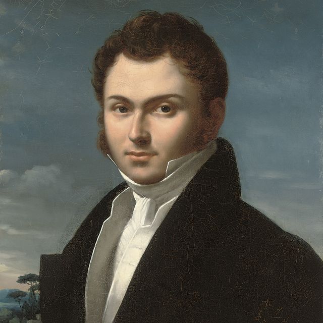 Jean Dominique Ingres — Портрет джентльмена, во весь рост, в черном пиджаке и белой рубашке, на фоне пейзажа