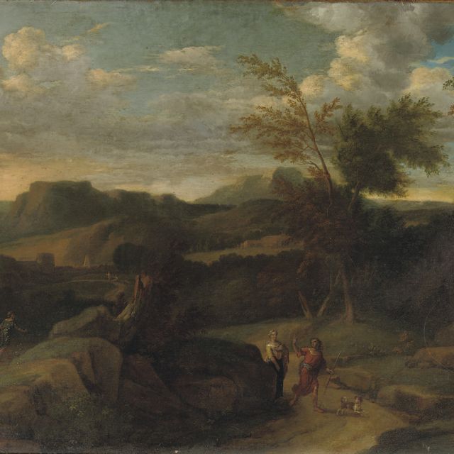 Jean Francois Millet — Итальянский пейзаж с путешественниками на дороге за городом, окруженным стеной