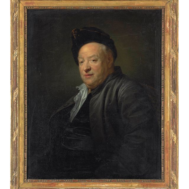 Jean-Baptiste Greuze — Портрет Этьена Джера (1699-1789), в полный рост, в коричневой кепке и куртке