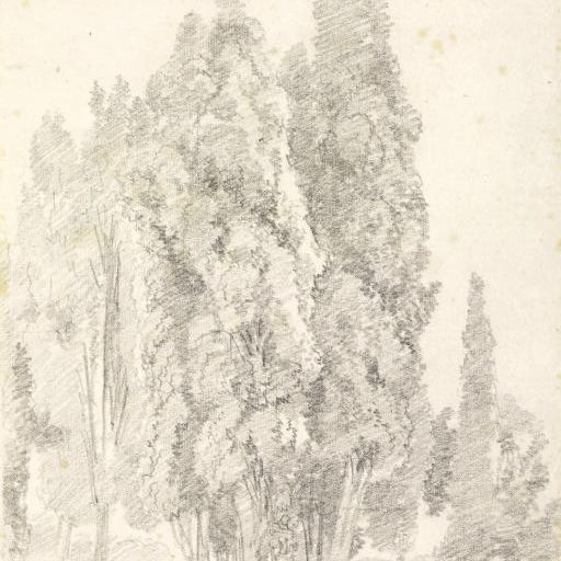 Jean-Honoré Fragonard — Кипарисы у ограды, рядом со статуей на пьедестале