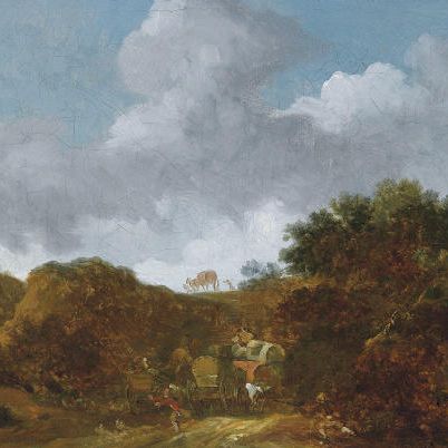 Jean-Honoré Fragonard — Пейзаж с преследуемым человеком, вереница повозок на холме.