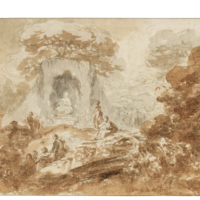 Jean-Honoré Fragonard — Вид на парк с фигурами, любующимися статуей