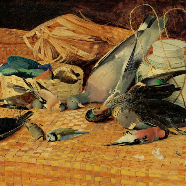 John Atkinson Grimshaw — Натюрморт с птицами на плетеной корзине