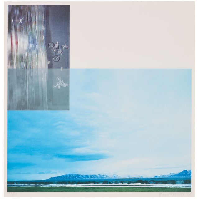 John Baldessari — Двойные мотоциклисты и пейзаж (исландский, 2003), из серии "Перекрытие"
