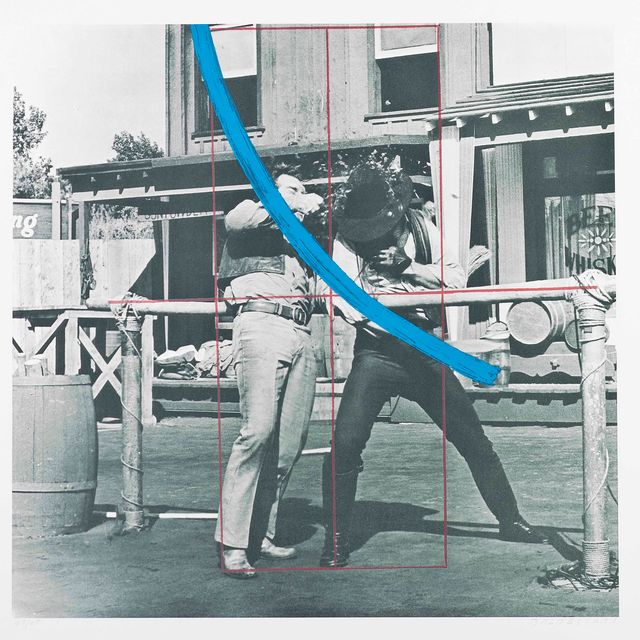 John Baldessari — Синий мастерский штрих поверх красной диаграммы и двух ковбоев