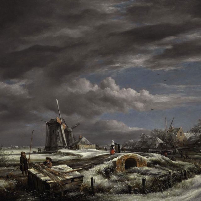 John Constable — Зимний пейзаж с фигурками на тропинке, пешеходным мостиком и ветряными мельницами за ним