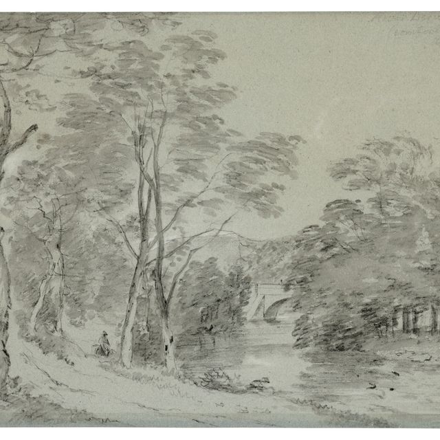 John Constable — Вид Кромфордского моста через реку Дервент с фигурой верхом на лошади на дорожке слева на переднем плане